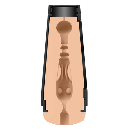 A depiction of the Man Squeeze ULTRASKYN Ass Stroker - JJ Knight by Doc Johnson, showing a hollow cylinder with a stylized ULTRASKYN interior and black shell.