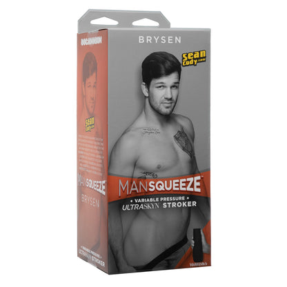 The packaging shows a shirtless person and highlights Doc Johnsons Man Squeeze ULTRASKYN Ass Stroker - Brysen, with a gray and red box showcasing its lifelike ULTRASKYN material and unique internal texture for an unmatched experience.