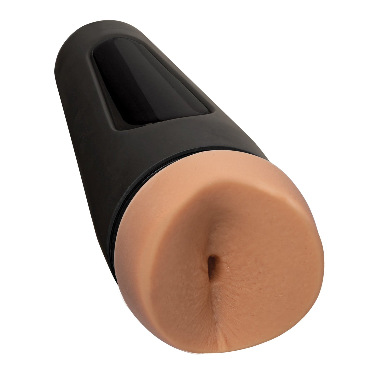 The Doc Johnson Man Squeeze ULTRASKYN Ass Stroker - Brysen is a cylindrical product with a black exterior and a soft, flesh-toned ULTRASKYN end. It features an internal texture that offers a realistic experience reminiscent of Brysens style.