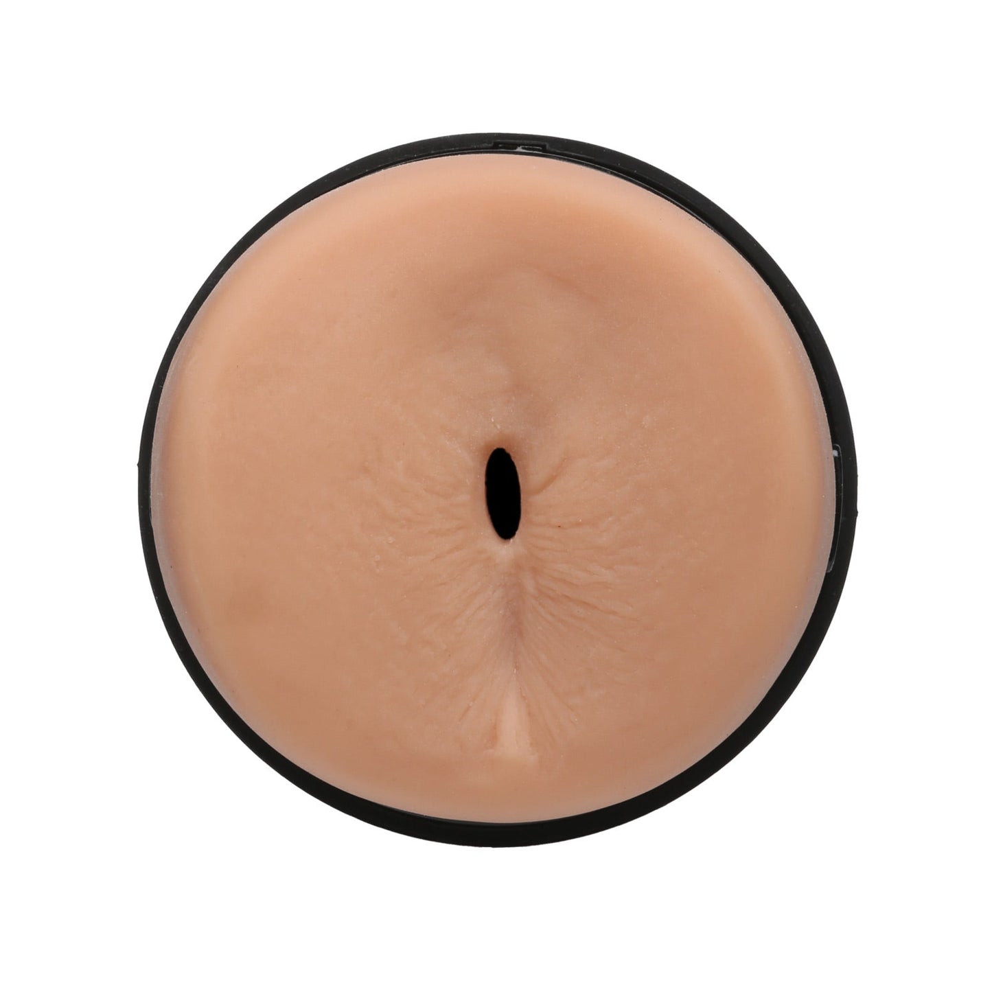 A detailed shot of the Man Squeeze ULTRASKYN Ass Stroker - Brysen by Doc Johnson shows its lifelike material with a unique internal texture and a narrow central opening. The darker outer rim forms a circular border, echoing Brysens design.