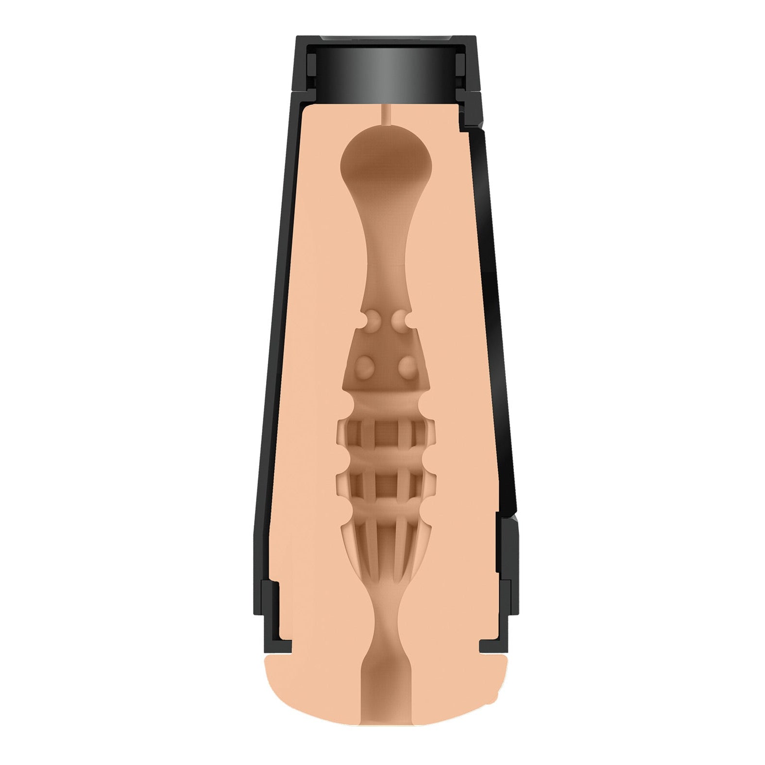 A cross-section of Doc Johnsons Man Squeeze ULTRASKYN Ass Stroker - Brysen reveals a tan and black cylindrical design with intricate internal grooves, crafted from lifelike ULTRASKYN for an authentic feel.