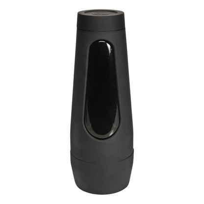 The Doc Johnson Man Squeeze ULTRASKYN Ass Stroker - Chad White features a sleek black cylindrical container with a glossy finish and rounded edges, offering a discreet design made from premium ULTRASKYN material.