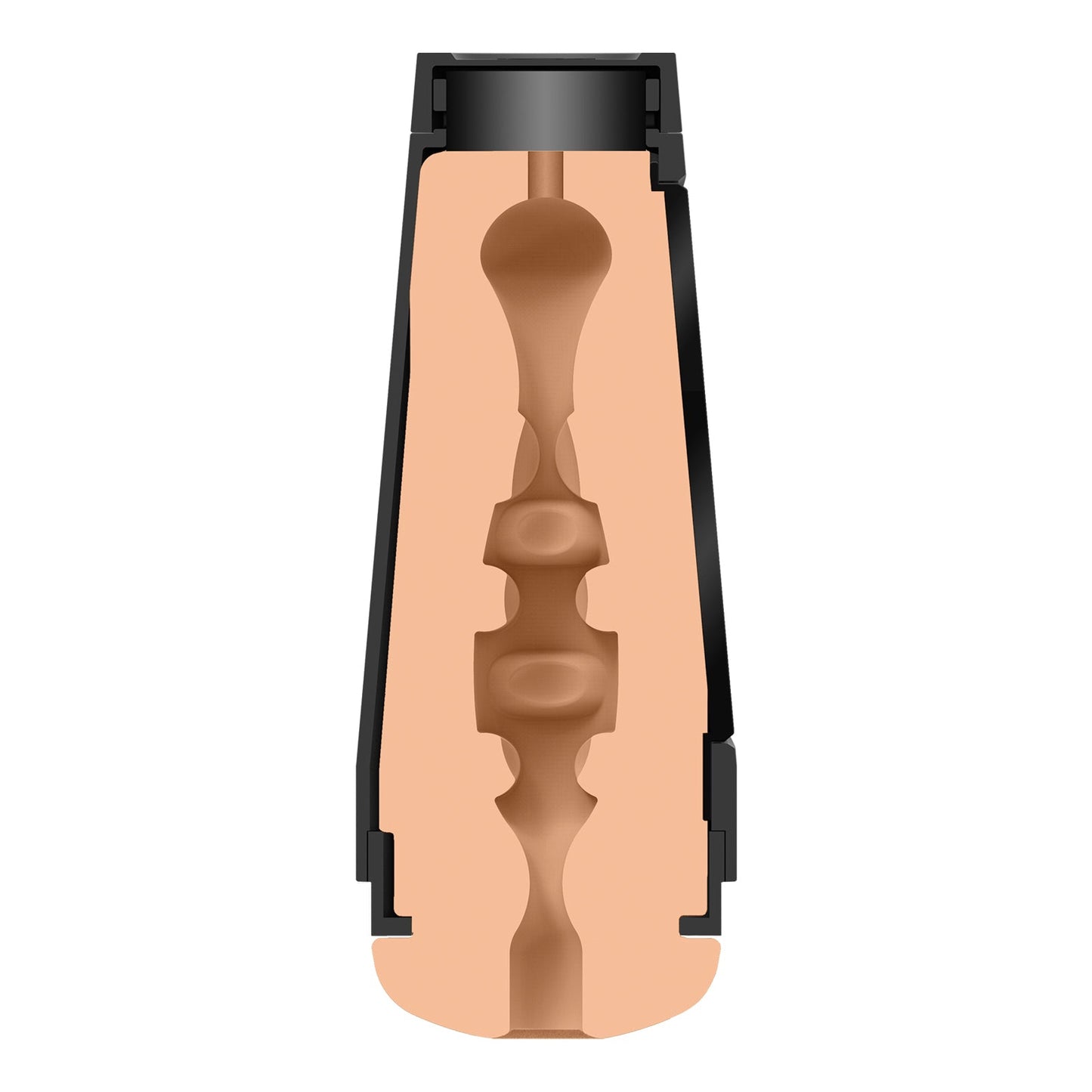 The Man Squeeze ULTRASKYN Ass Stroker by Doc Johnson features a cylindrical design with a cross-section showing an intricate internal textured path of ridges and shapes. The exterior is discreetly black, while the interior has a peach tone typical of ULTRASKYN craftsmanship.