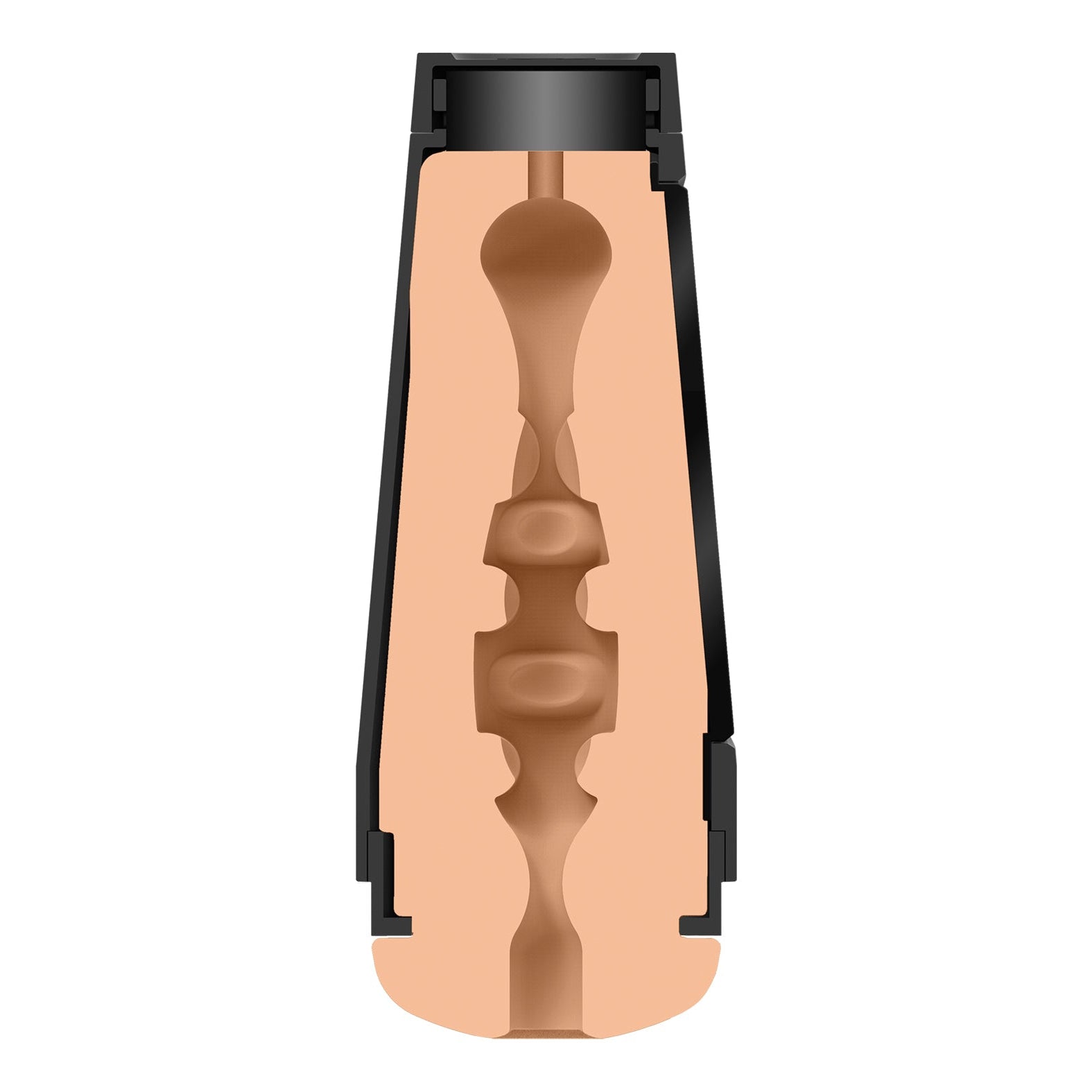 The Man Squeeze ULTRASKYN Ass Stroker by Doc Johnson features a cylindrical design with a cross-section showing an intricate internal textured path of ridges and shapes. The exterior is discreetly black, while the interior has a peach tone typical of ULTRASKYN craftsmanship.