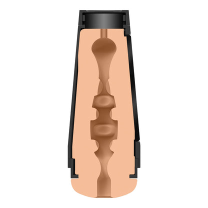 The Man Squeeze ULTRASKYN Ass Stroker by Doc Johnson features a cylindrical design with a cross-section showing an intricate internal textured path of ridges and shapes. The exterior is discreetly black, while the interior has a peach tone typical of ULTRASKYN craftsmanship.