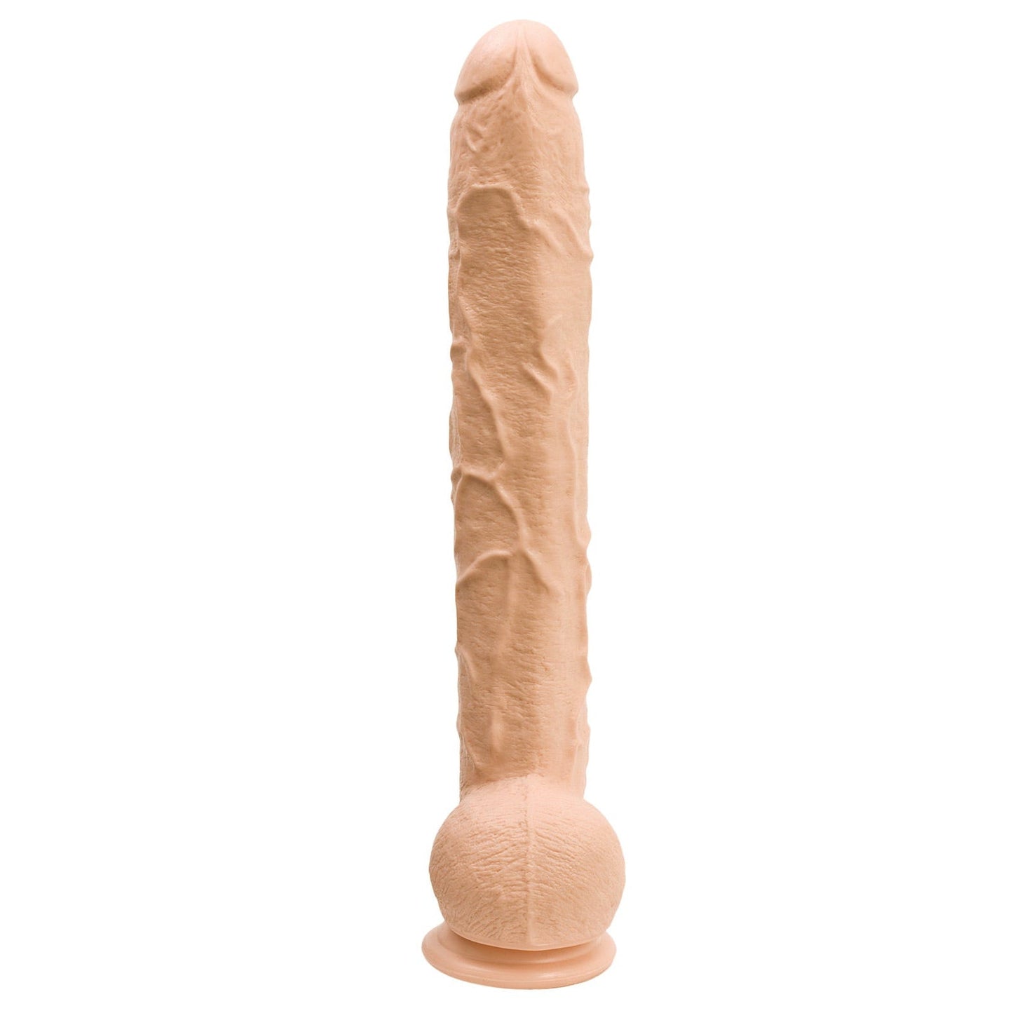 The Dick Rambone Cock by Adams Toy Box is a flesh-toned, vein-textured dildo with a round suction cup base, standing upright on a white background. Made from phthalate-free material, it combines safety with impressive design.
