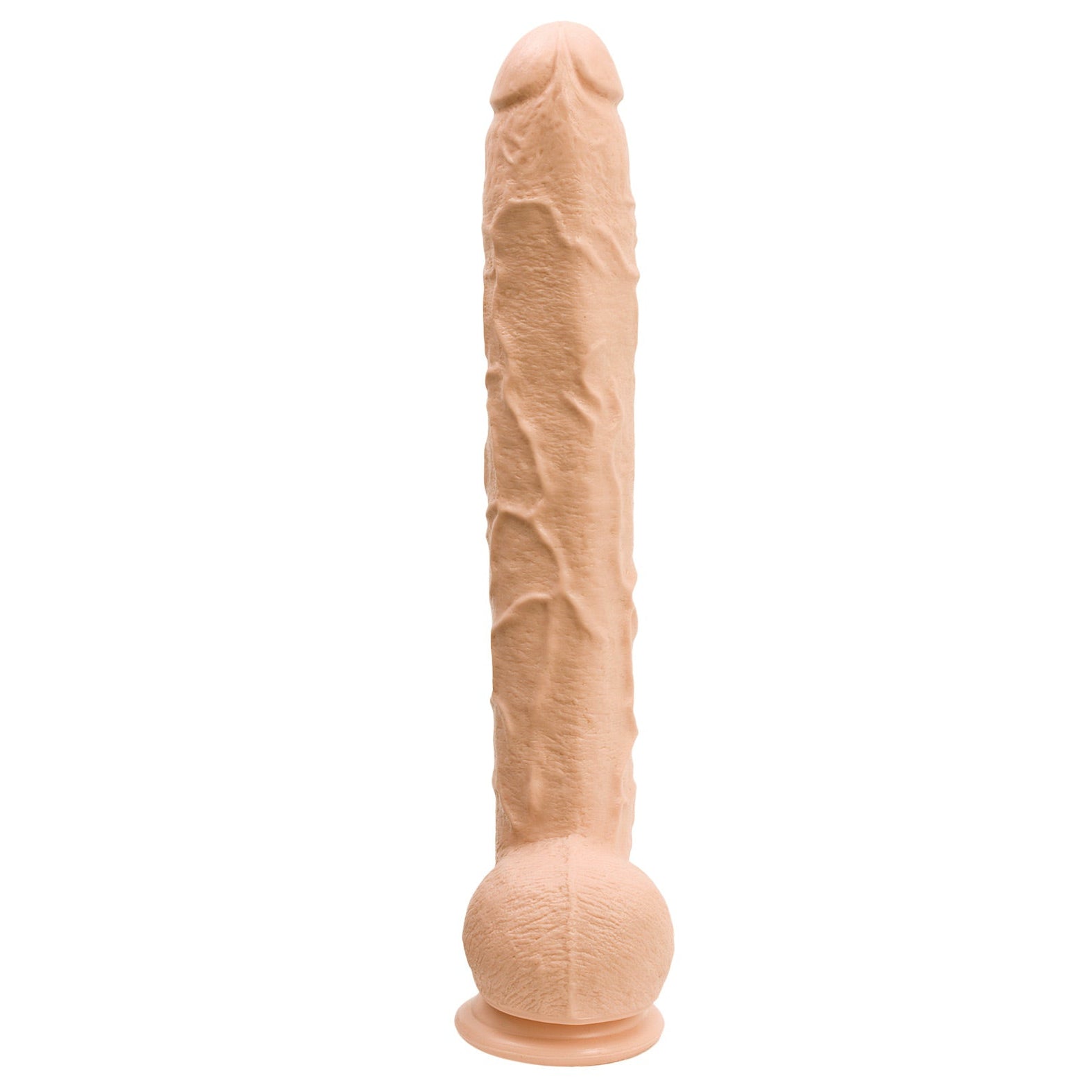 The Dick Rambone Cock by Adams Toy Box is a flesh-toned, vein-textured dildo with a round suction cup base, standing upright on a white background. Made from phthalate-free material, it combines safety with impressive design.