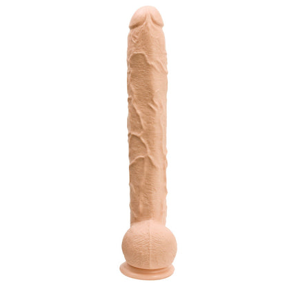 The Dick Rambone Cock by Adams Toy Box is a flesh-toned, vein-textured dildo with a round suction cup base, standing upright on a white background. Made from phthalate-free material, it combines safety with impressive design.