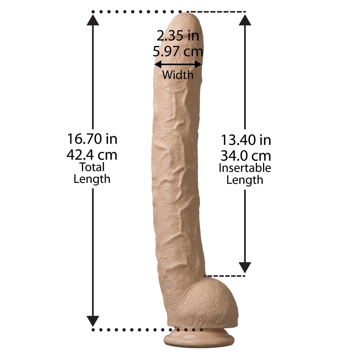 The Dick Rambone Cock by Adams Toy Box is a beige, life-sized dildo made from phthalate-free material. It features detailed measurements in inches and centimeters for width, total length, and insertable length, along with a suction cup base for stability.