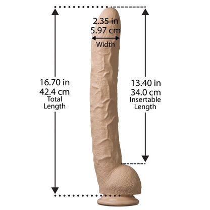 The Dick Rambone Cock by Adams Toy Box is a beige, life-sized dildo made from phthalate-free material. It features detailed measurements in inches and centimeters for width, total length, and insertable length, along with a suction cup base for stability.