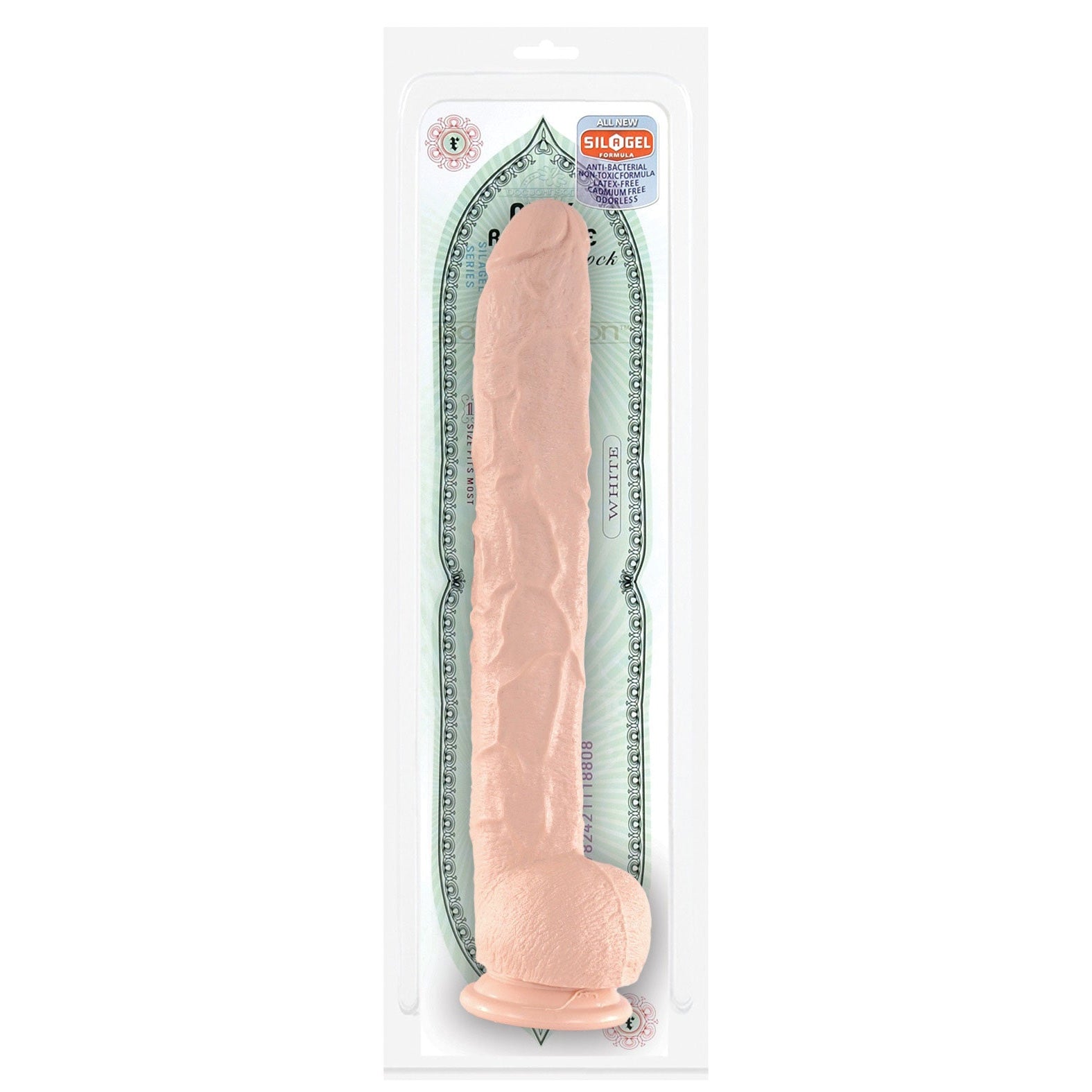 A textured, flesh-colored silicone Dick Rambone Cock by Adams Toy Box features a suction cup base. It comes in clear packaging with decorative designs and labels, highlighting its phthalate-free material.