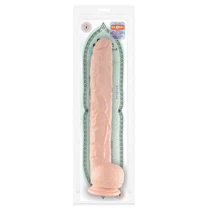 A textured, flesh-colored silicone Dick Rambone Cock by Adams Toy Box features a suction cup base. It comes in clear packaging with decorative designs and labels, highlighting its phthalate-free material.