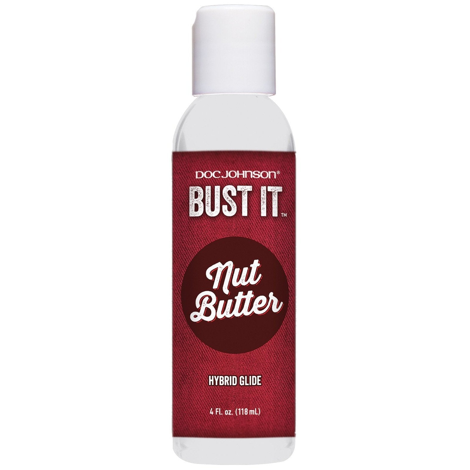 A body-safe, lifelike 4 fl oz (118 ml) bottle of Doc Johnson Bust It Nut Butter Hybrid Glide with a white cap sits against a maroon background.