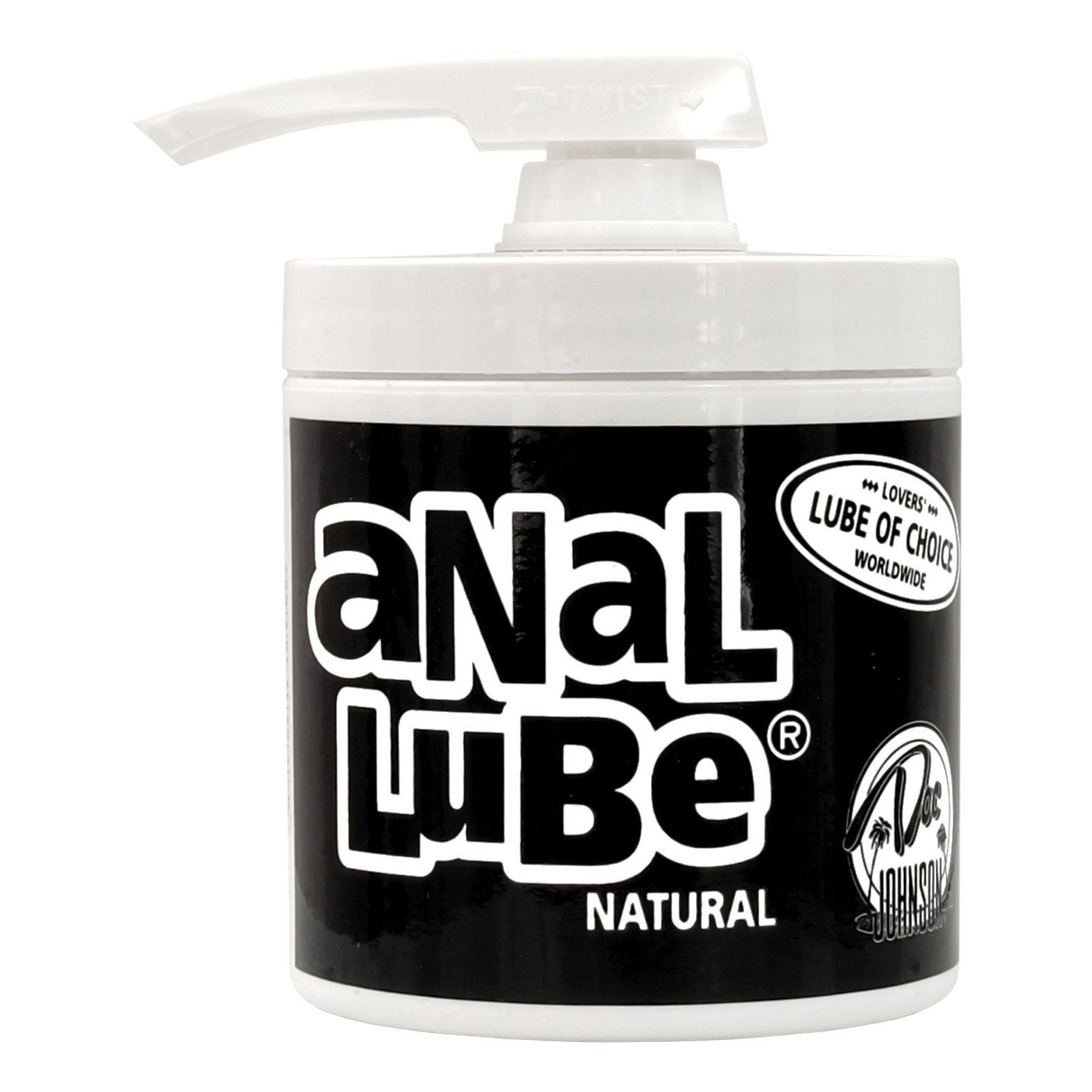 The Docs Anal Lube - 4.5 oz from Doc Johnson, featuring a pump dispenser, is labeled as the Lovers Lubricant of Choice Worldwide. This globally trusted petroleum-based lubricant stands against a plain white background with brand logos.