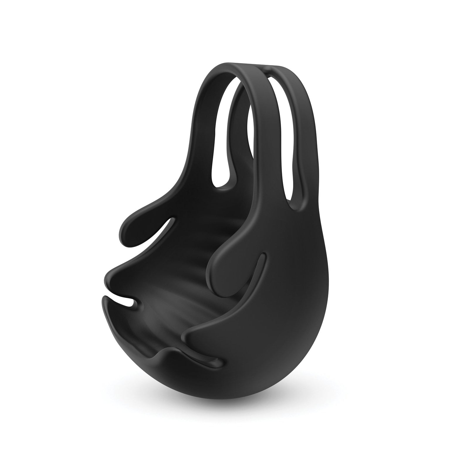 The Dorcel Fun Bag Testicle Vibrator features a black, abstract design with a smooth, droplet-like flow. Its curved form integrates comfort and aesthetics, reminiscent of expertly crafted ball pouches by Dorcel for a unique, modern look.