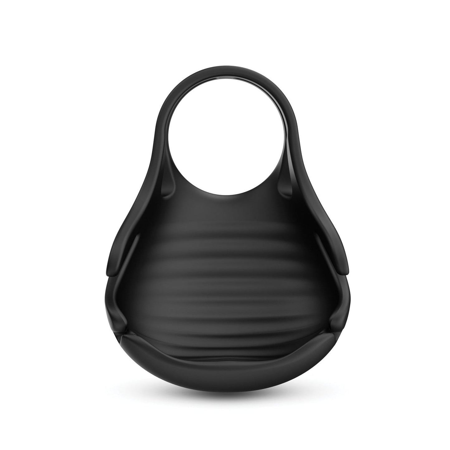 The Dorcel Fun Bag Testicle Vibrator is a black, ribbed, rounded device with a large circular handle. Its sleek, modern design features a smooth and glossy finish, enhancing its stylish aesthetic.