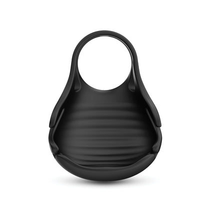 The Dorcel Fun Bag Testicle Vibrator is a black, ribbed, rounded device with a large circular handle. Its sleek, modern design features a smooth and glossy finish, enhancing its stylish aesthetic.