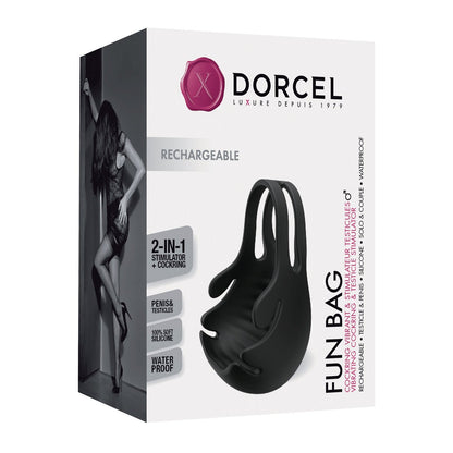 The Dorcel Fun Bag Testicle Vibrator packaging features a black and white image of a woman in lingerie. It is a 2-in-1 stimulator for the penis and testicles with adjustable vibrations, crafted from 100% soft silicone. This waterproof, rechargeable product offers unparalleled pleasure.