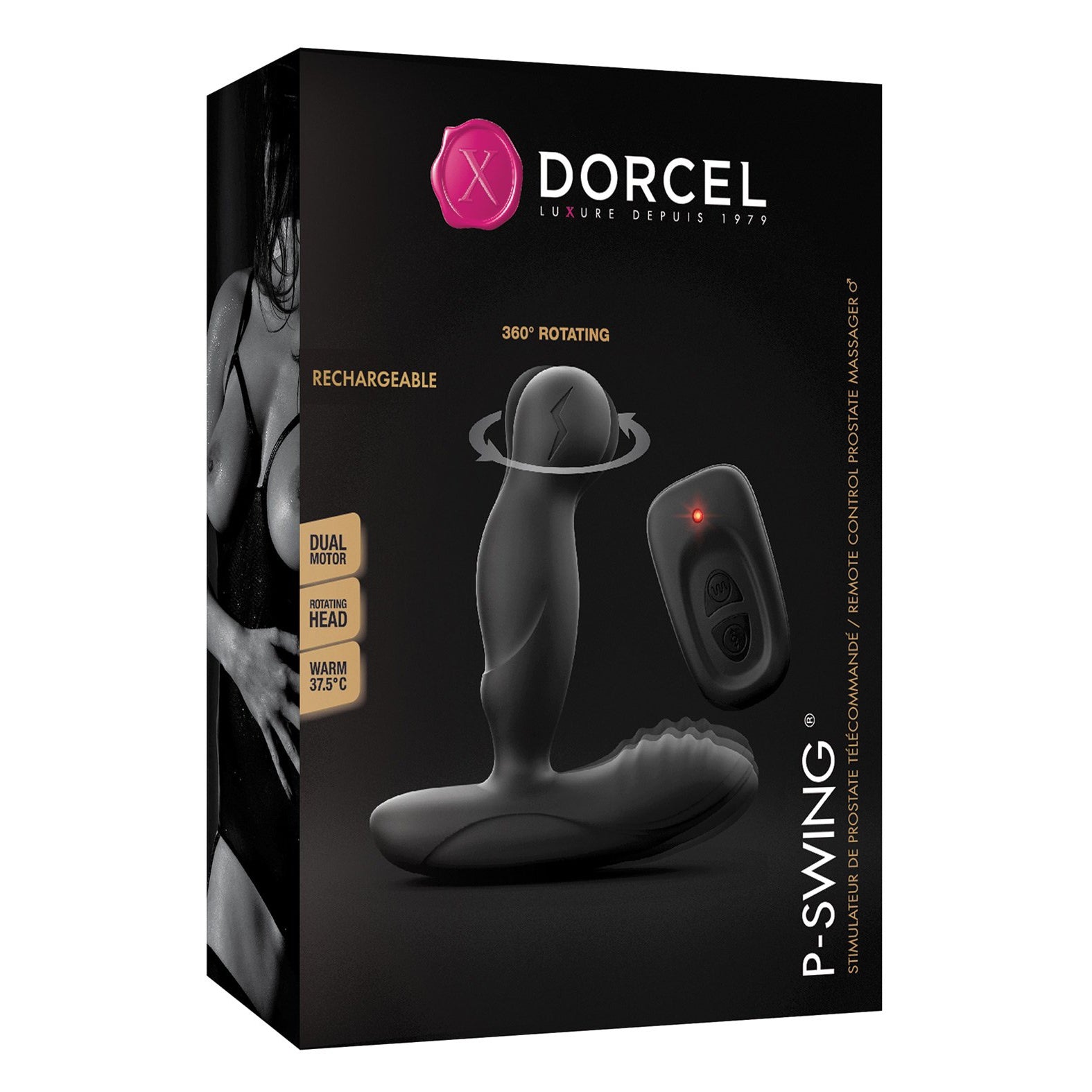 Box packaging for the Dorcel P-Swing Twisting Prostate Massager, boasting dual motors, a 360° rotating design, a heating mode with a 37.5°C head, and remote control. A sleek black background showcases the product image and its features.
