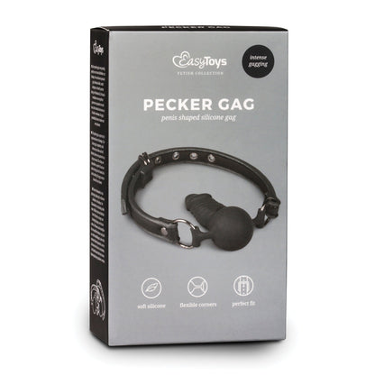 The Easy Toys Ball Gag With Silicone Dong, from Easy Toys, showcases an image of the product with icons emphasizing its soft silicone, adjustable strap, flexible corners, and perfect fit—an erotic favorite for enthusiasts.