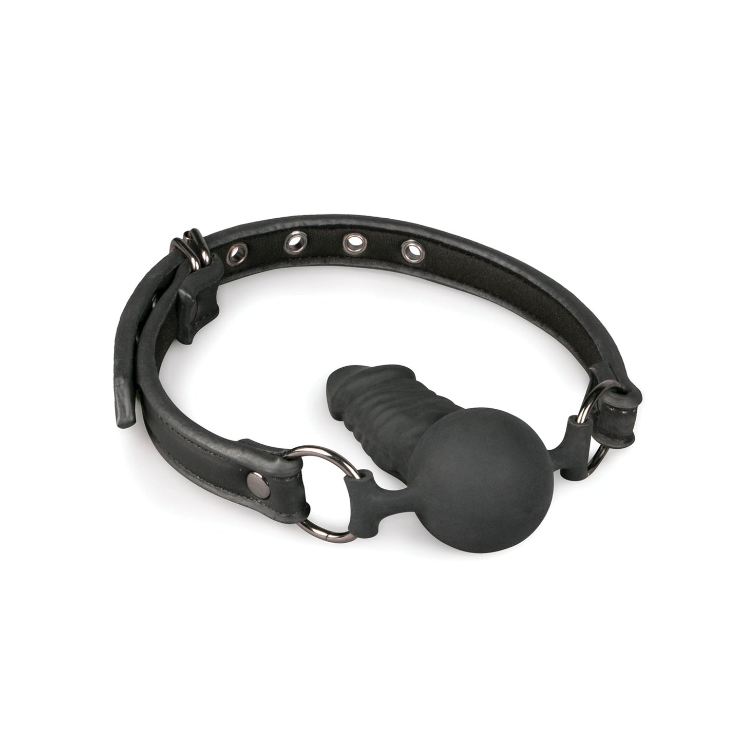 The Easy Toys Ball Gag With Silicone Dong by Easy Toys features a black leather adjustable strap with metal eyelets and a round silicone ball gag attached to a phallic-shaped extension, delivering erotic delight. It rests elegantly on a white surface.