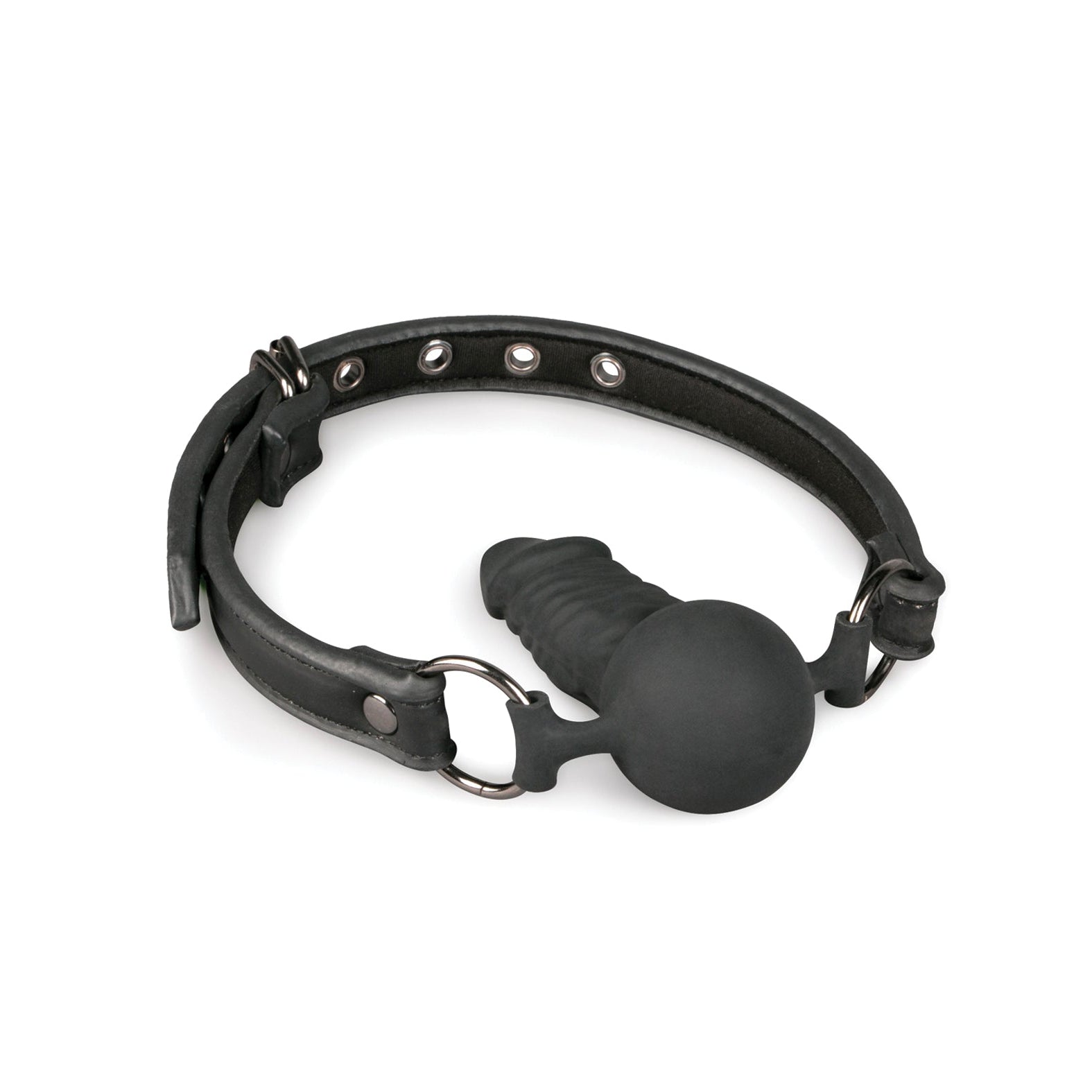 The Easy Toys Ball Gag With Silicone Dong by Easy Toys features a black leather adjustable strap with metal eyelets and a round silicone ball gag attached to a phallic-shaped extension, delivering erotic delight. It rests elegantly on a white surface.