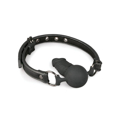 The Easy Toys Ball Gag With Silicone Dong by Easy Toys features a black leather adjustable strap with metal eyelets and a round silicone ball gag attached to a phallic-shaped extension, delivering erotic delight. It rests elegantly on a white surface.