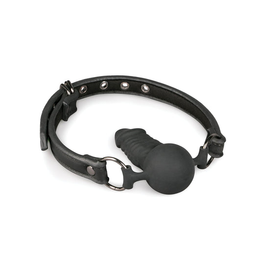 The Easy Toys Ball Gag With Silicone Dong by Easy Toys features a black leather adjustable strap with metal eyelets and a round silicone ball gag attached to a phallic-shaped extension, delivering erotic delight. It rests elegantly on a white surface.