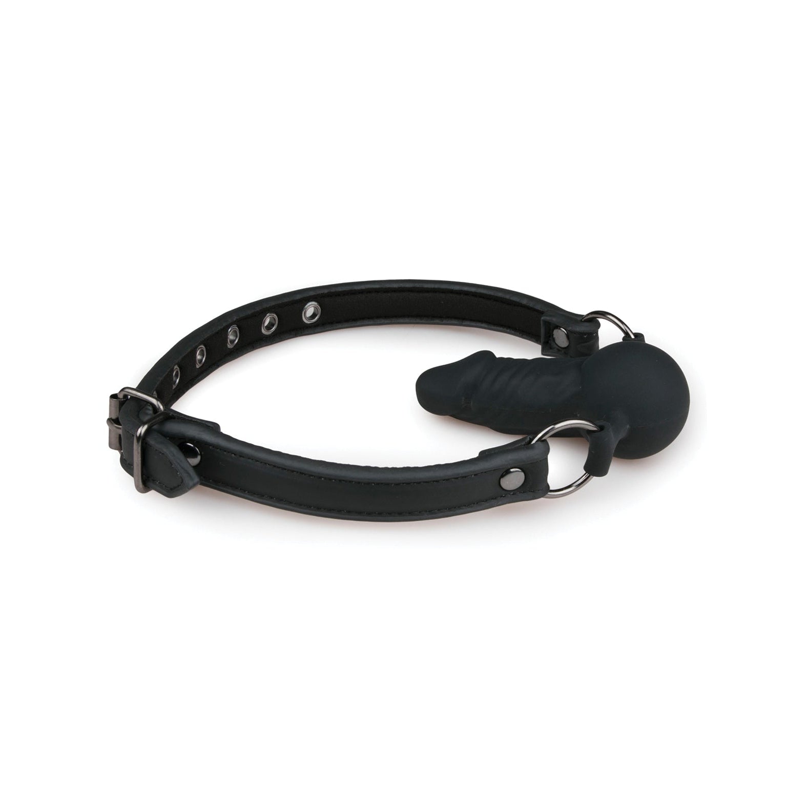 The Easy Toys Ball Gag With Silicone Dong by Easy Toys is an erotic delight featuring a phallic-shaped attachment, black leather adjustable strap with secure buckle, and metal eyelets. Perfect for personal or novelty use.