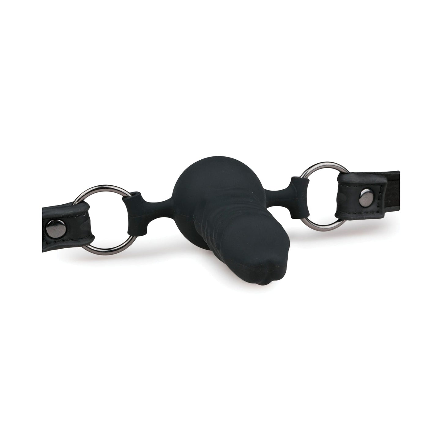 The Easy Toys Ball Gag With Silicone Dong by Easy Toys is a BDSM accessory featuring a black silicone dong with two adjustable leather straps and metal rings, perfect for restraint in bondage activities.