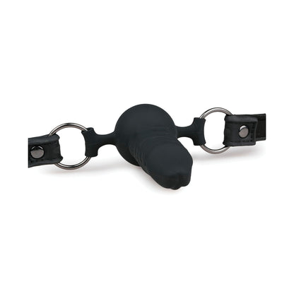 The Easy Toys Ball Gag With Silicone Dong by Easy Toys is a BDSM accessory featuring a black silicone dong with two adjustable leather straps and metal rings, perfect for restraint in bondage activities.