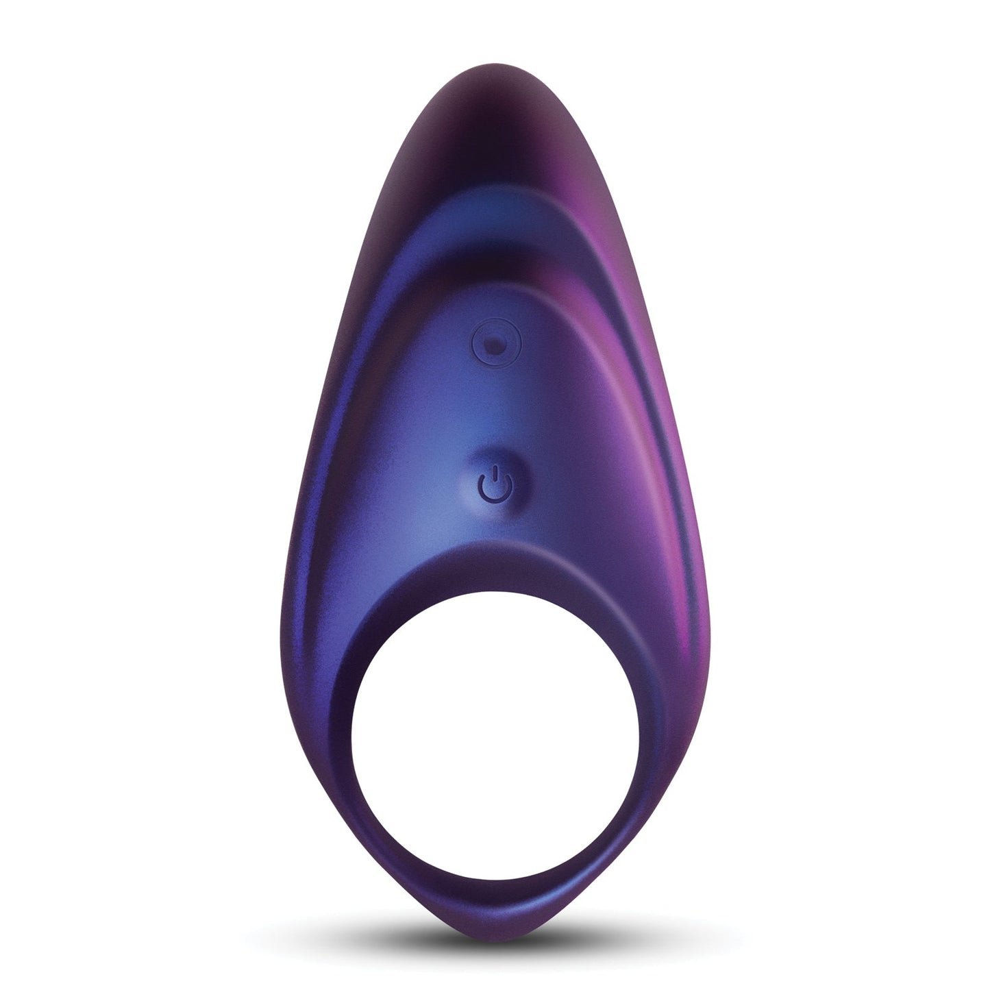 Introducing the Hueman Neptune Vibrating Cock Ring: a sleek, purple oval with dual buttons—a power symbol and a plain round design. Its shiny metallic finish complements its modern style. Enjoy wireless remote control for prolonged erections.