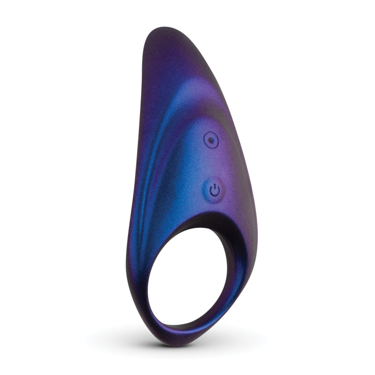 The indigo and black Hueman Neptune Vibrating Cock Ring by Hueman is an ergonomic device with a wireless remote and two side buttons, aiming to enhance pleasure and prolong erections.