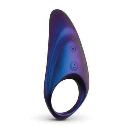 The indigo and black Hueman Neptune Vibrating Cock Ring by Hueman is an ergonomic device with a wireless remote and two side buttons, aiming to enhance pleasure and prolong erections.