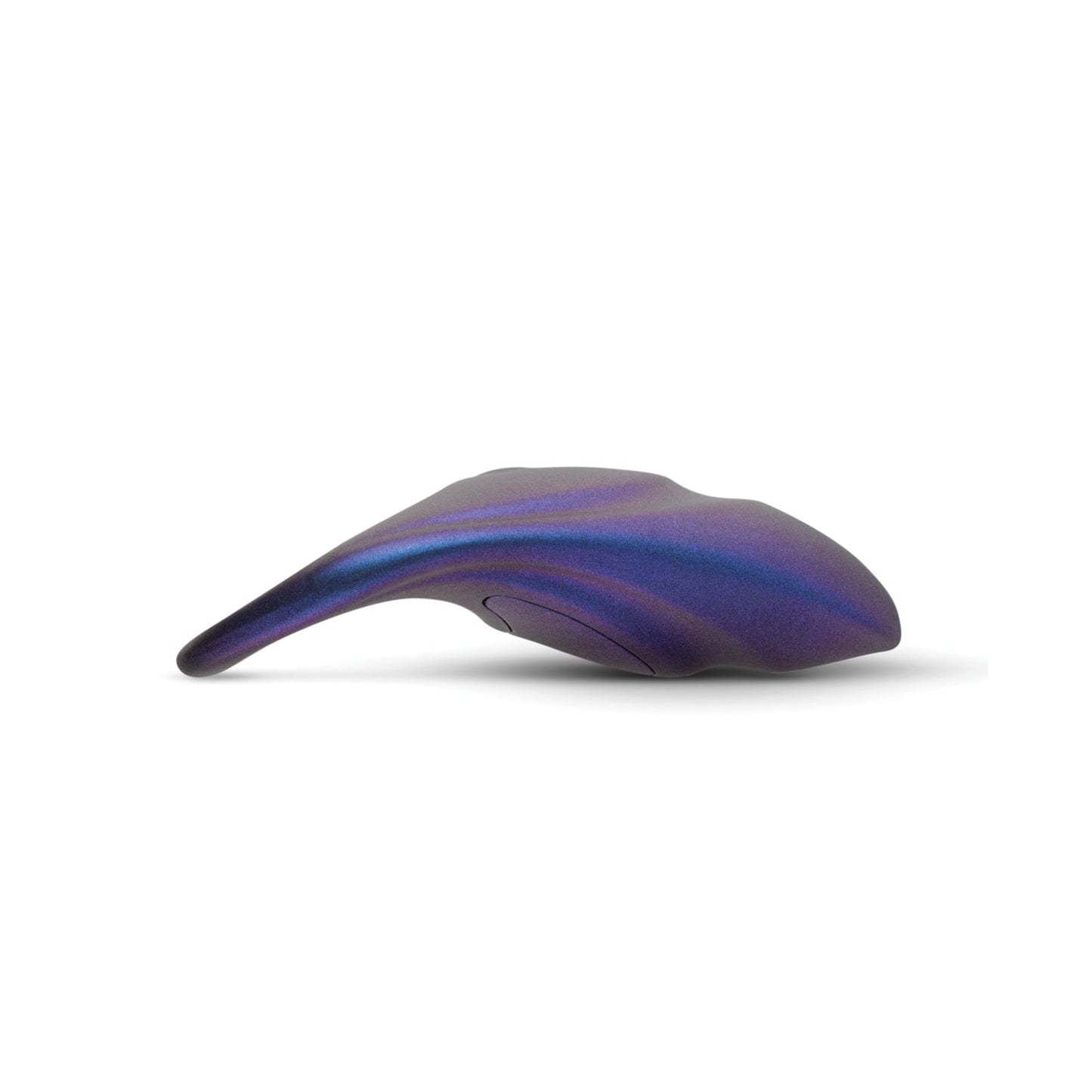 A sculptural, curved object with an iridescent purple and blue finish resembles modern art. Its smooth, fluid design evokes motion like the Hueman Neptune Vibrating Cock Ring. Set against a white background, its striking form is accentuated.