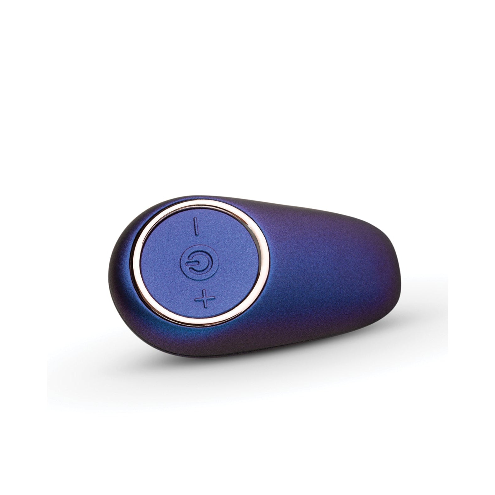 The Hueman Neptune Vibrating Cock Ring, a compact dark blue wireless device, features a circular control panel with power and volume symbols on white, similar to the convenience of wireless remotes.