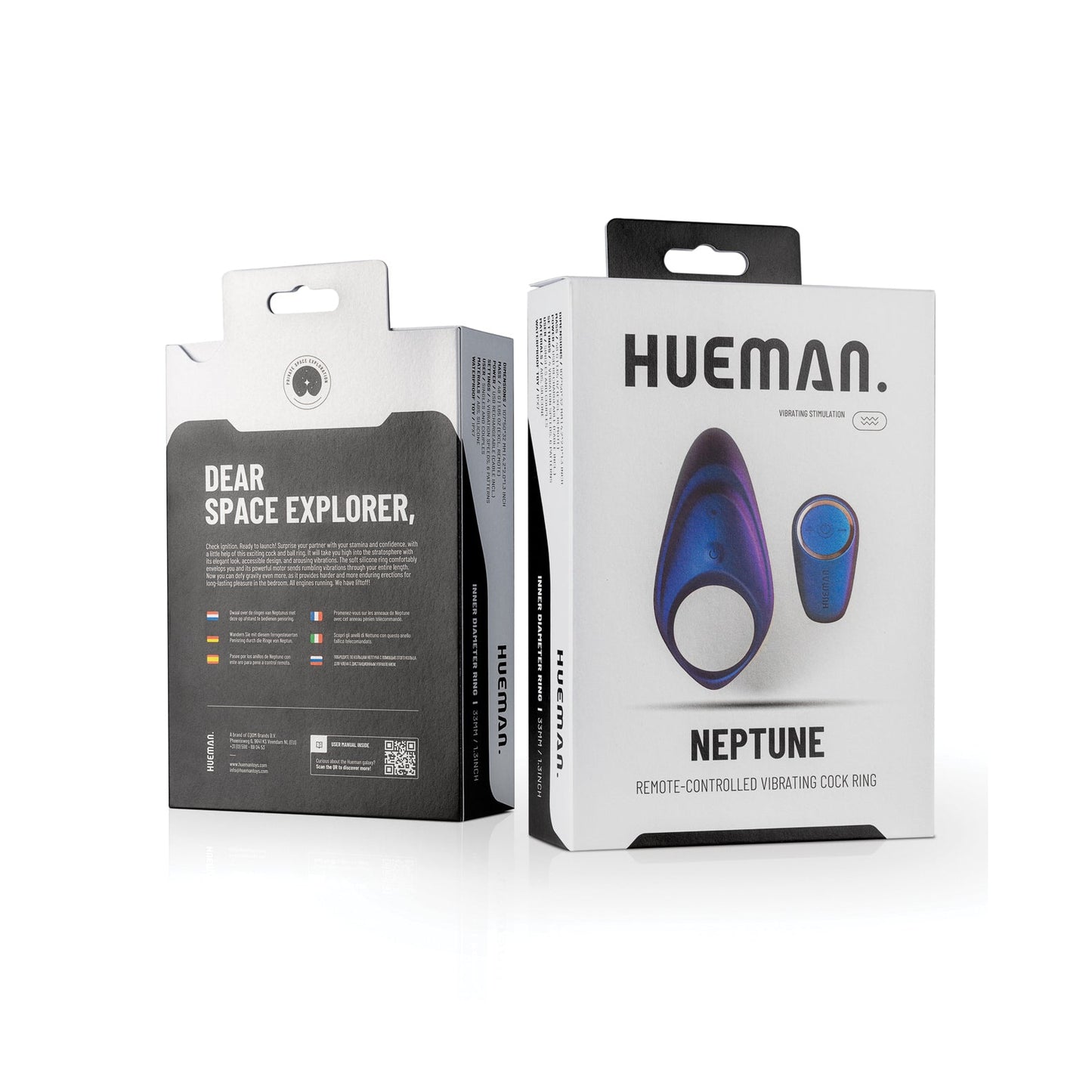 Huemans Neptune Vibrating Cock Ring packaging boasts a modern design with blue and purple imagery, promotes benefits like longer-lasting erections and wireless remote control, and includes product details plus a Dear Space Explorer message on the back.