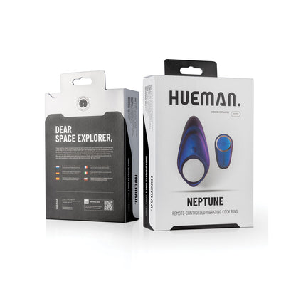 Huemans Neptune Vibrating Cock Ring packaging boasts a modern design with blue and purple imagery, promotes benefits like longer-lasting erections and wireless remote control, and includes product details plus a Dear Space Explorer message on the back.