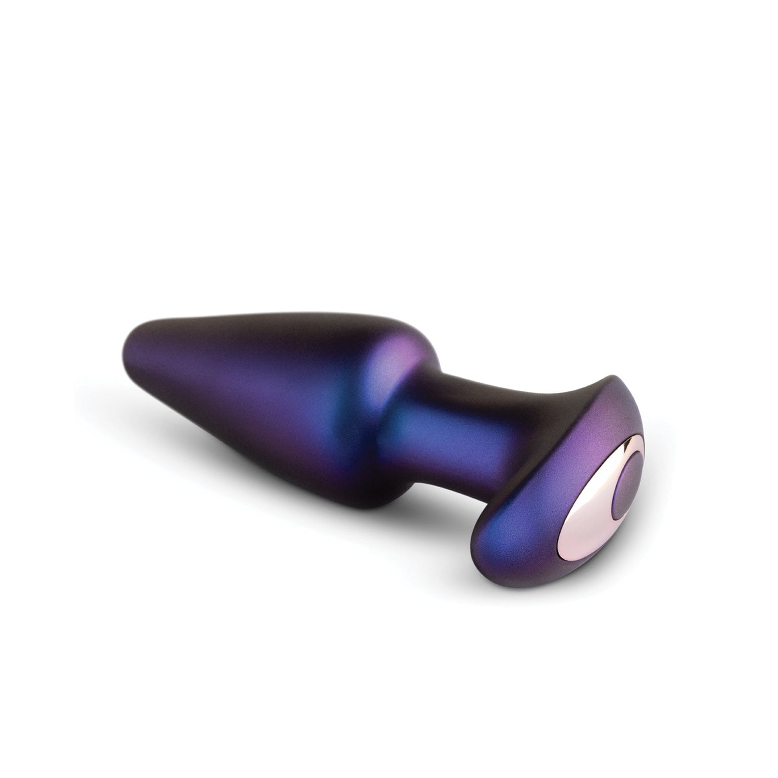 The Hueman Meteoroid Rimming Anal Plug is a metallic, iridescent purple and blue cone-shaped butt plug with a tapered point and flared base, set against a plain white backdrop.