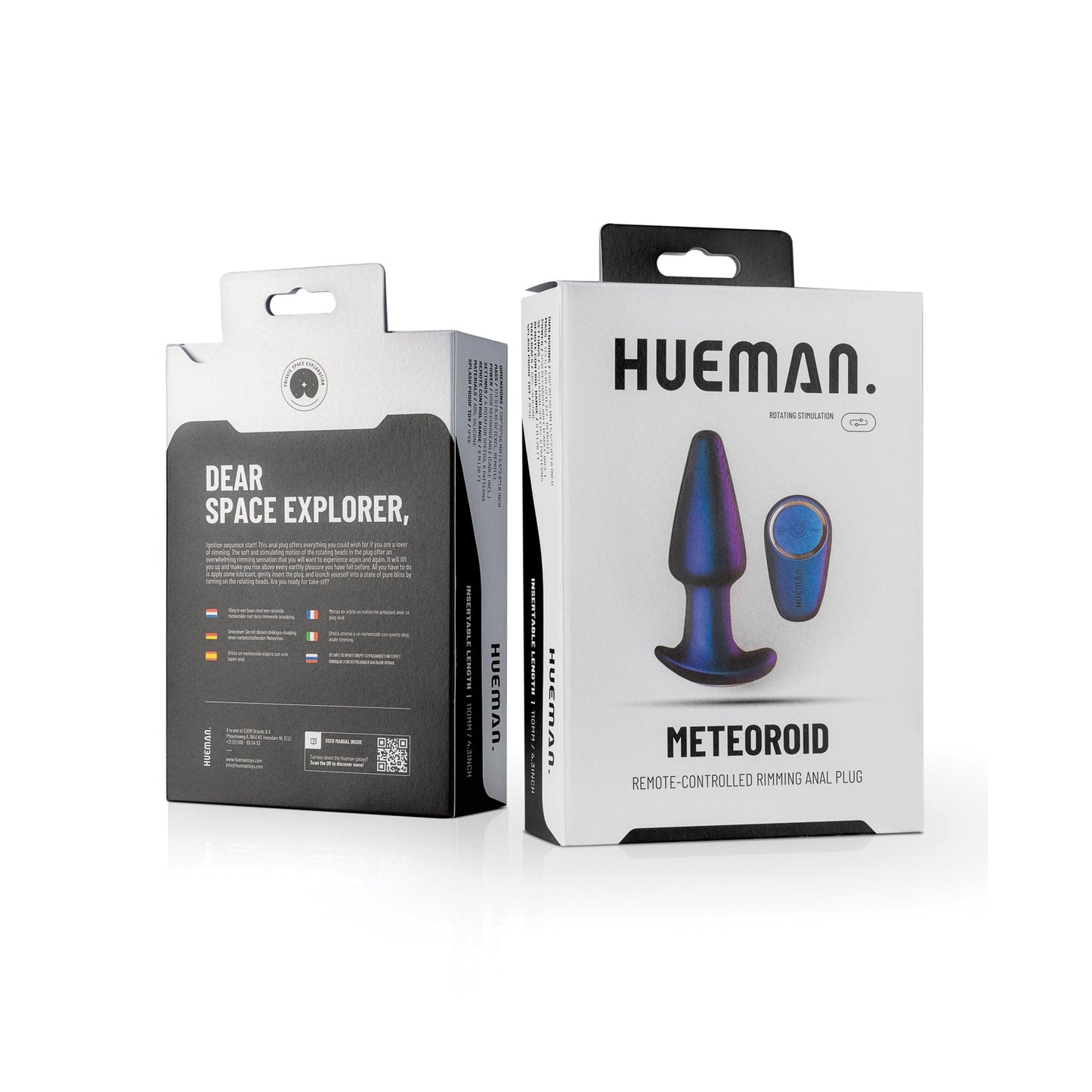 The Hueman Meteoroid Rimming Anal Plug packaging showcases an impressive image of the product and emphasizes its space exploration theme. Enjoy rimming sensations with its wireless remote, crafted for cosmic pleasure.