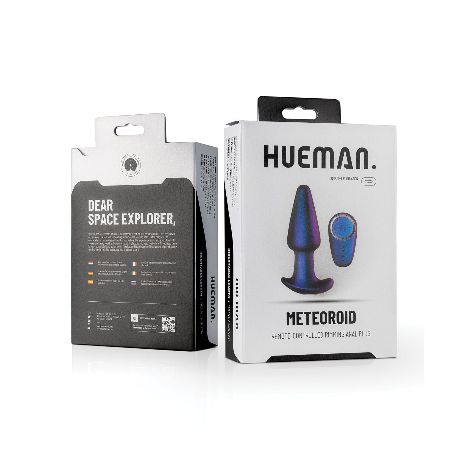 The Hueman Meteoroid Rimming Anal Plug packaging showcases an impressive image of the product and emphasizes its space exploration theme. Enjoy rimming sensations with its wireless remote, crafted for cosmic pleasure.