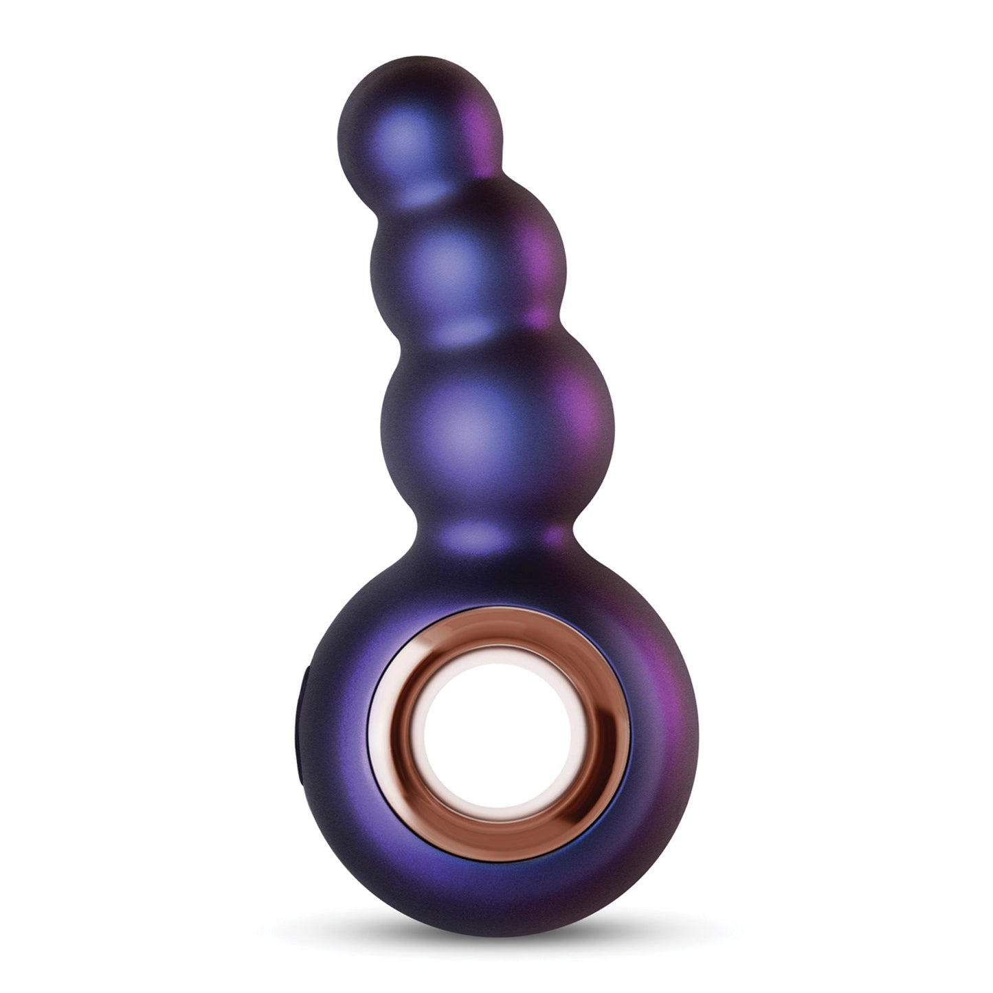 The Hueman Outer Space Vibrating Beaded Anal Plug by Hueman is a purple, beaded personal massage device with a ring grip base and metallic accent, designed for prostate stimulation. It features an ergonomic shape with three graduated spherical sections.