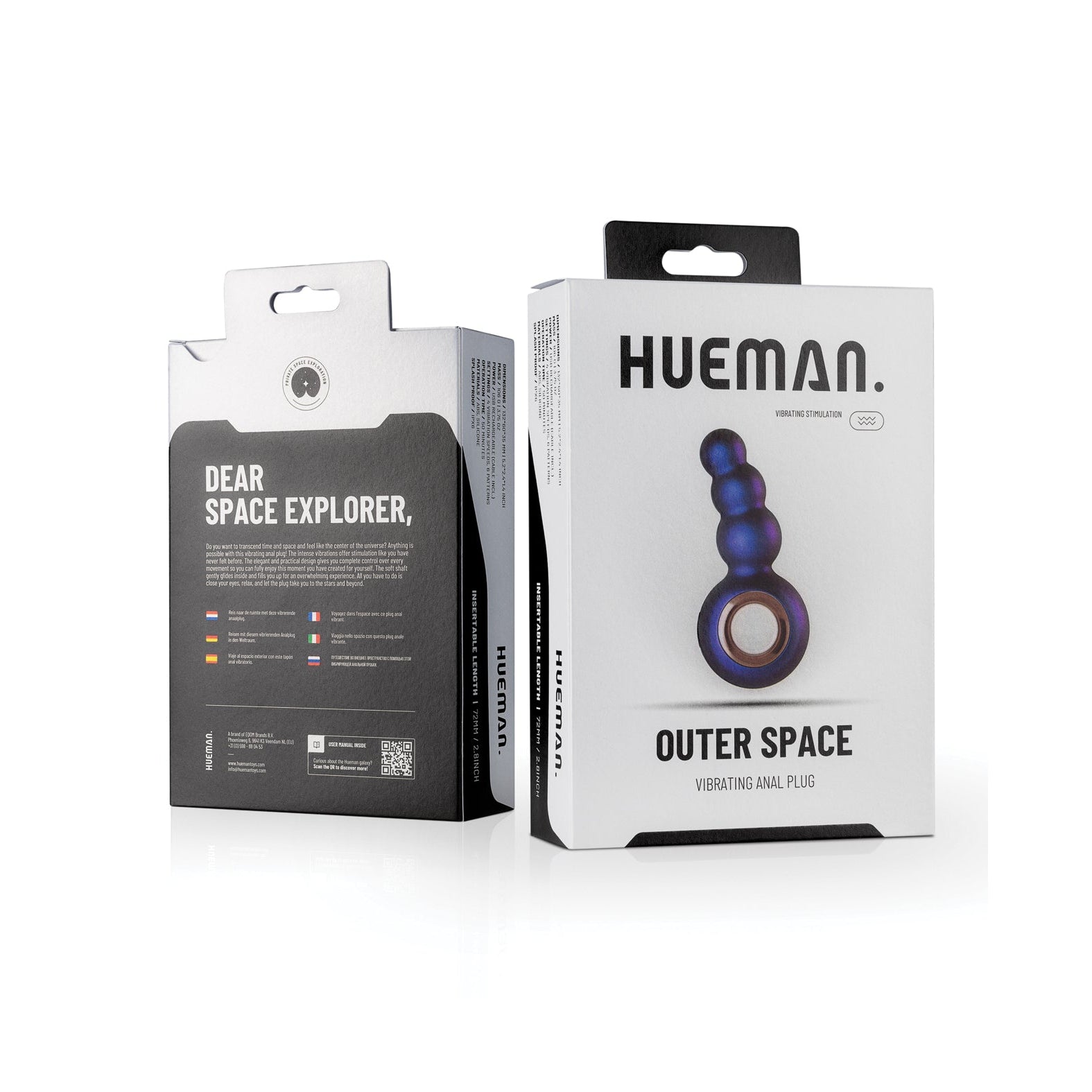 The image shows the packaging for the Hueman Outer Space Vibrating Beaded Anal Plug, designed for prostate stimulation. It features a photo of the blue, multi-beaded device on a predominantly white box with black text, emphasizing its remote control feature for convenience.
