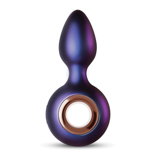The Hueman Deep Space Vibrating Anal Plug by Hueman is a sleek metallic silicone device featuring a gradient from deep purple to black, a smooth finish, a large circular handle, and 10 electrifying vibration settings for an enhanced experience.