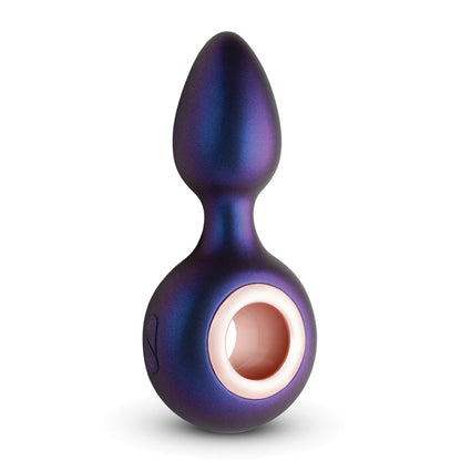 The Hueman Deep Space Vibrating Anal Plug, by Hueman, is a purple, bulb-shaped design with a glossy silicone surface and a narrow top leading to a rounded base featuring a circular opening. It offers 10 powerful vibration settings for an exceptional sensory experience.