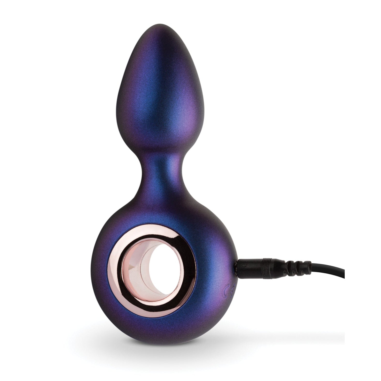 The Hueman Deep Space Vibrating Anal Plug by Hueman is a metallic purple device with a bulbous top, circular base with rose gold ring, and offers 10 vibration settings. Complete with a charging cable, it ensures a sleek and modern silicone sensation.