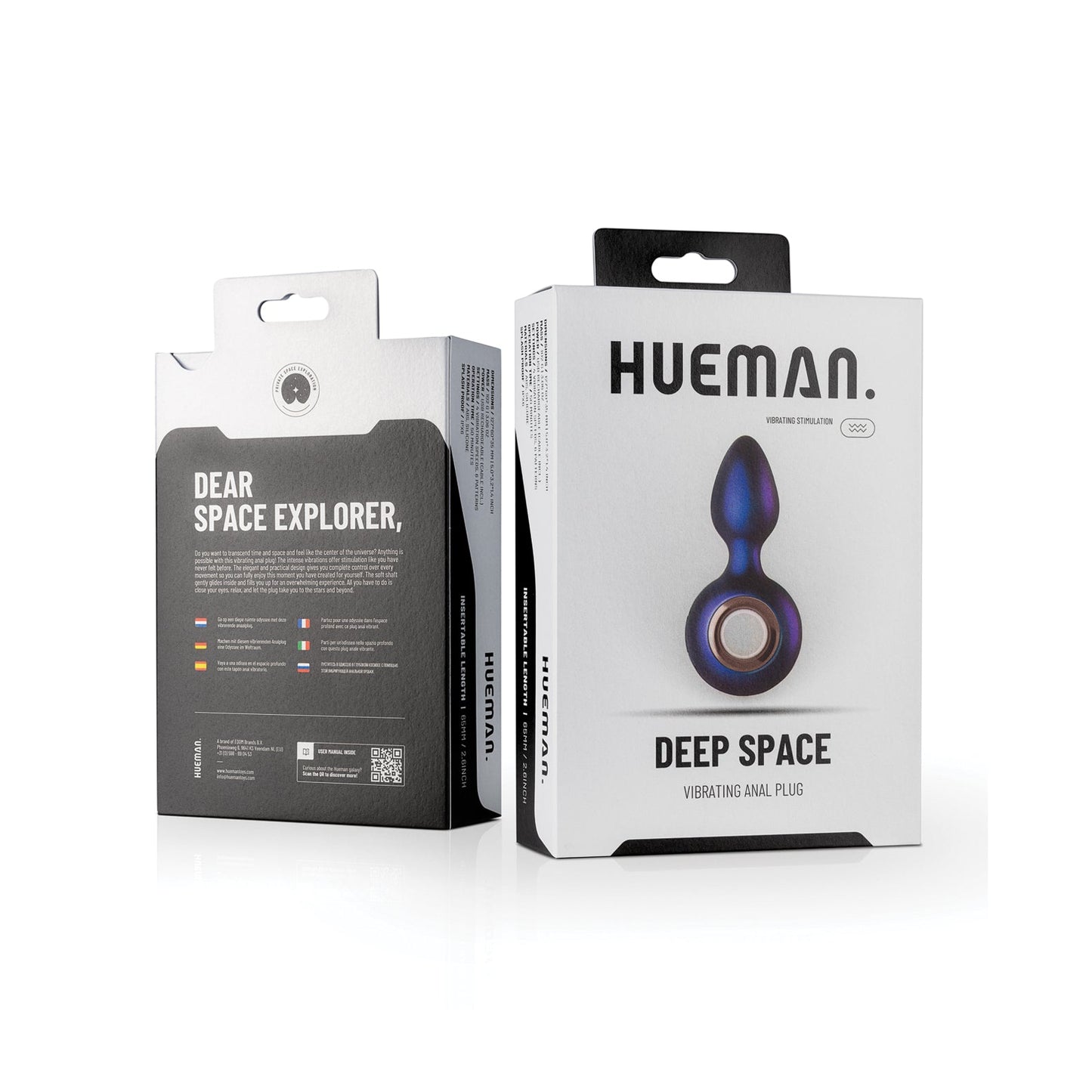 Two boxes of the Hueman Deep Space Vibrating Anal Plug. The front box features product image and branding; the back details its silicone texture and 10 intense vibration settings, with multilingual instructions.