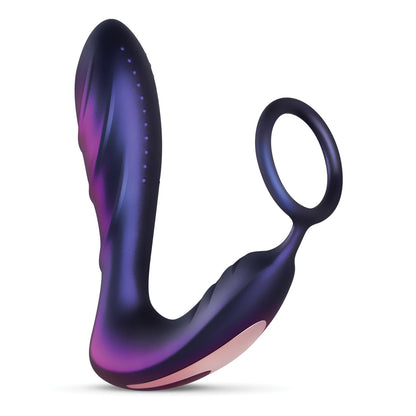 The Hueman Black Hole Anal Vibrator & Cock Ring, by Hueman, is a dark purple and black silicone massager with a Vibro-Ring handle. It boasts a smooth, curvy design with textured details and a sleek finish for an innovative twist on the classic anal vibrator experience.