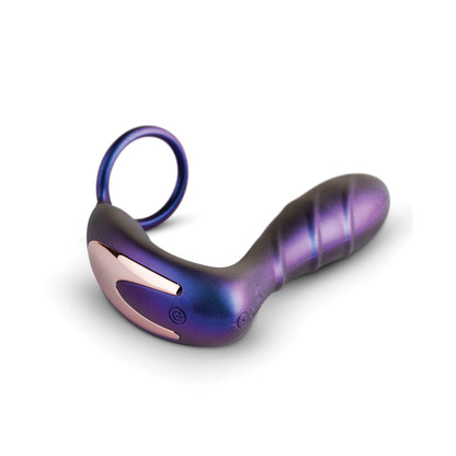 The Hueman Black Hole Anal Vibrator & Cock Ring is elegantly displayed on a white background, showcasing its purple and metallic finish with a curved design and a Vibro-Ring handle.