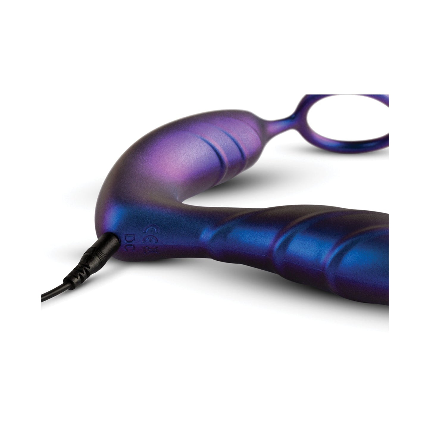 Close-up of the Hueman Black Hole Anal Vibrator & Cock Ring, featuring a curved, purple and blue gradient design with a handle loop, smooth contoured surface, and charging cable.